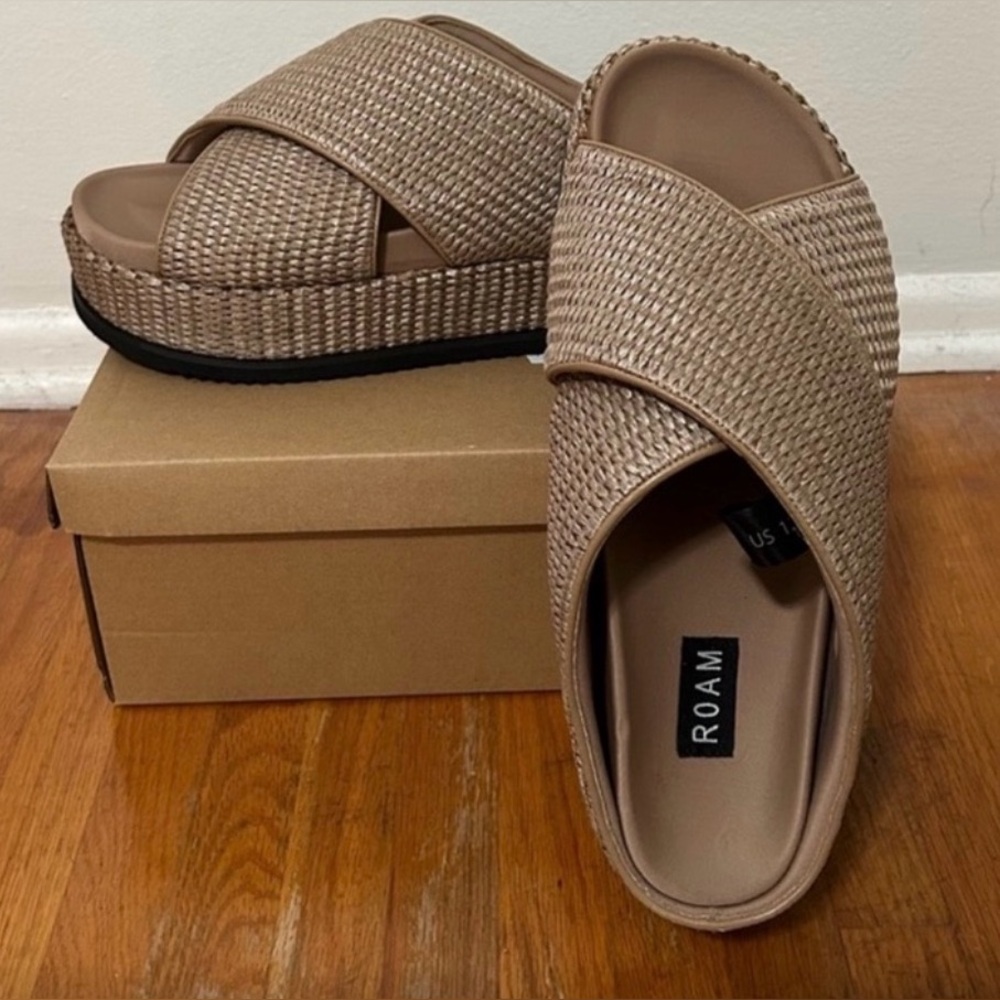 Rear ROAM Tan Woven Platform Slide Sandals - Picture 3 of 7